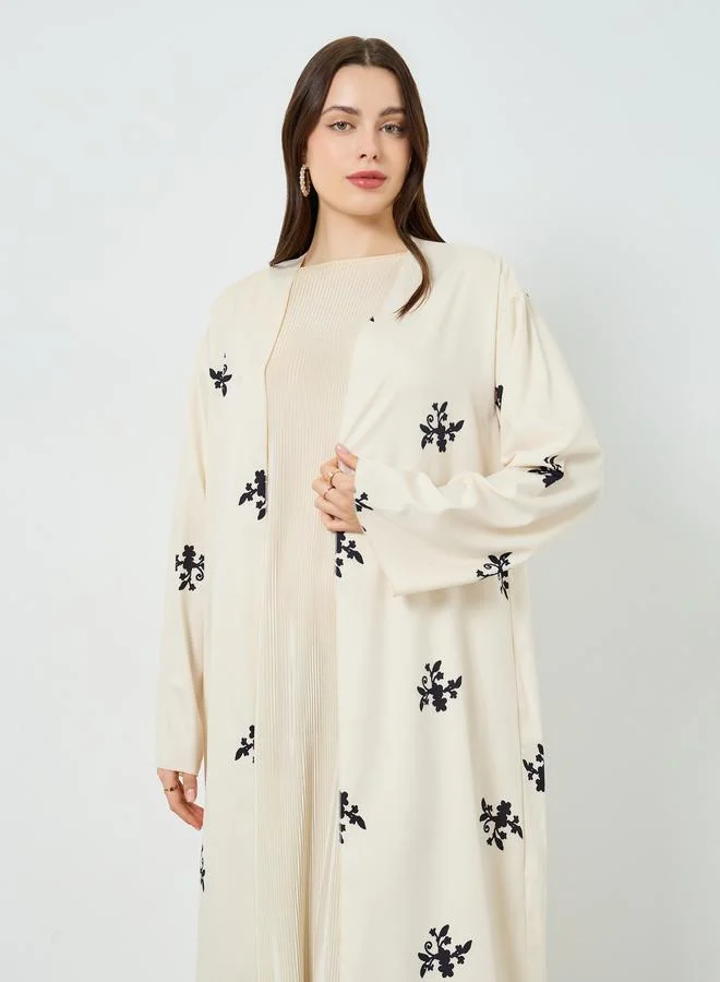Styli Women Beige Floral Print Kimono Abaya
